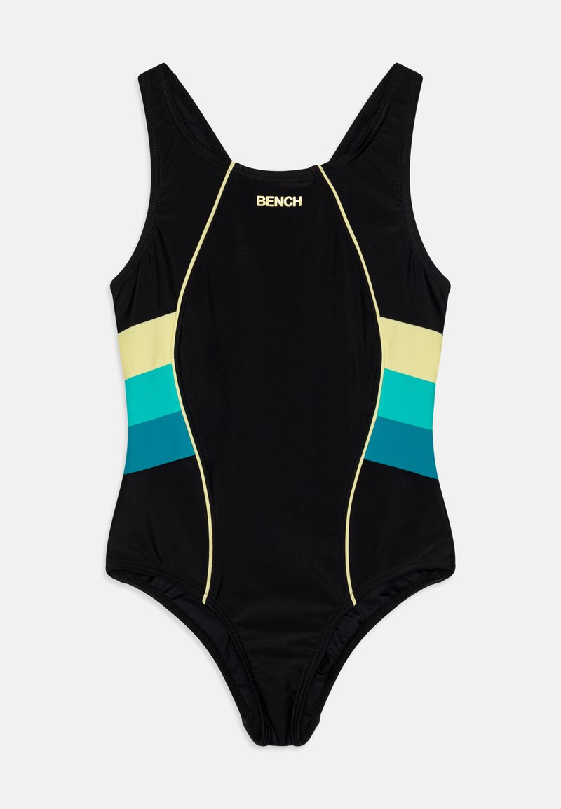 Maillot de bain noir avec des rayures horizontales jaunes, bleu clair et bleu foncé. Présente un design épuré et un style dos nageur. Nom de la marque "BENCH" affiché.