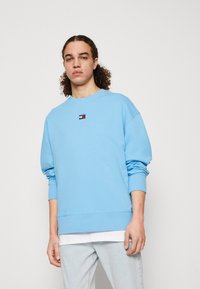 Sudadera azul claro de algodón, con cuello redondo y puños de canalé. Un pequeño parche con el logotipo está centrado en el pecho.