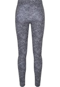 Svart tights med et svingete, abstrakt hvitt mønster. Laget av elastisk stoff, med en tettsittende design og høy midje.