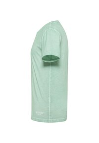 Mint green short-sleeve t-shirt made of soft cotton fabric, featuring a round neckline and minimalistic branding at the hem.