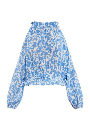 Zkrátený top s nariasenými dlhými rukávmi, zdobený modrým kvetinovým vzorom na bielom pozadí, vyrobený z ľahkej tkaniny s textúrovaným povrchom.