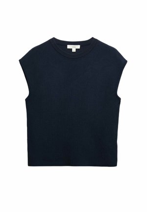 Donkerblauw mouwloos gebreid topje met ronde hals en geribde kraag, plat gelegd op witte achtergrond.