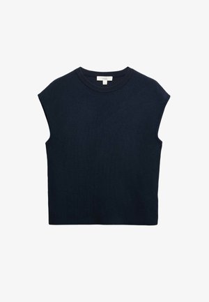 Top de punto sin mangas azul marino con escote redondo y cuello acanalado, disposición plana sobre fondo blanco.