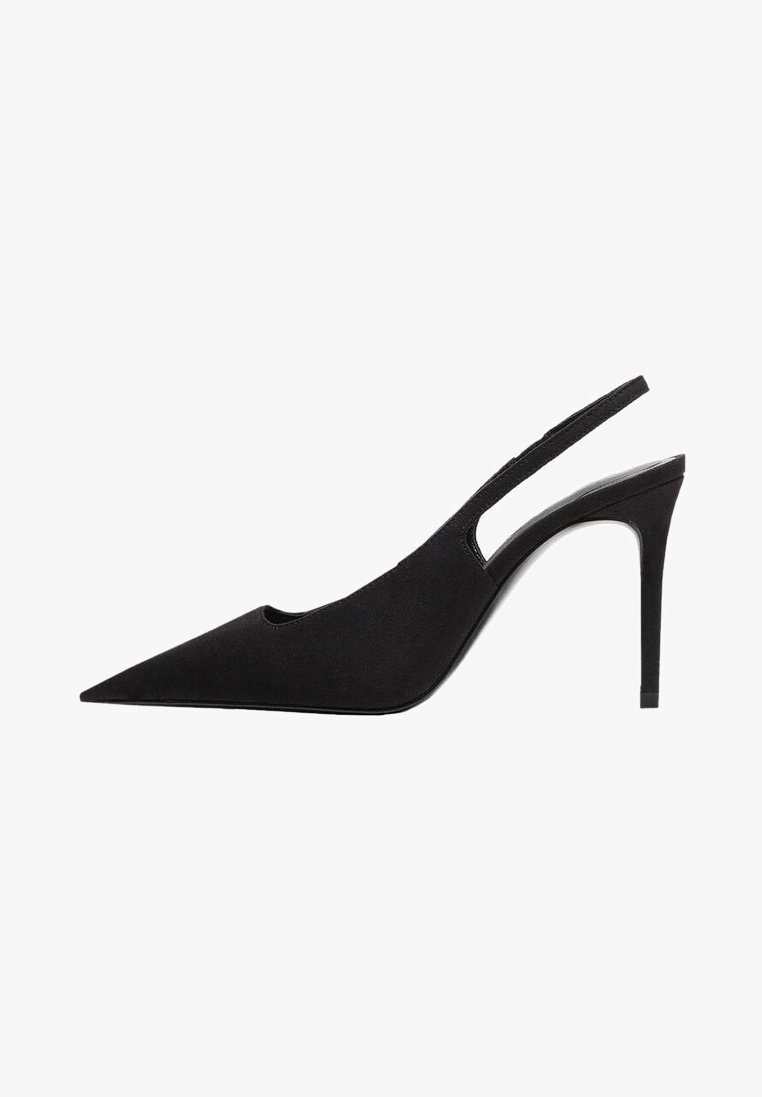 Escarpin à bride arrière noir avec bout pointu, dessus en daim texturé, côtés découpés et talon aiguilles. Doublure intérieure lisse et semelle lisse.
