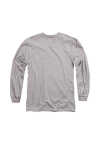 Long-sleeve gray T-shirt made of cotton, featuring a relaxed fit, crew neck, and gathered wrists, with a smooth fabric texture.