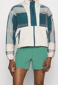 Bluza polarowa z beżowym korpusem i rękawami w kratę w kolorach morskim, szarym i czerwonym; posiada wysoki kołnierz i kieszenie na zamek. Połączona z zielonymi szortami.