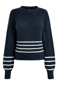 Pull bleu marine en tissu duveteux, avec manches longues et rayures blanches horizontales à la taille et aux manches. Encolure ronde.