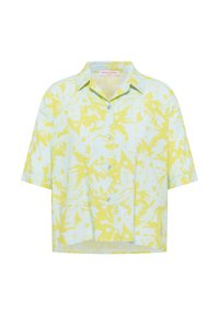 Korte mouwen, gekraagde shirt in lichtblauw met een gele bloemenpatroon, met knopen en een rechte snit. Katoenen stof.