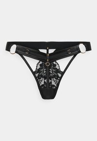 Μαύρο στρινγκ με δαντέλα στο πίσω μέρος, σατέν μπροστινό με χρυσές λεπτομέρειες, ρυθμιζόμενους ιμάντες και διακοσμητικό κουμπί.