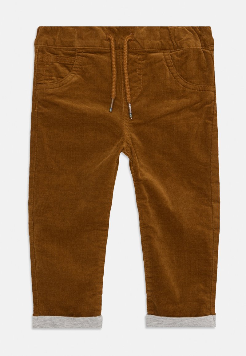Brown corduroy pants with an elastic waistband and drawstring. Features two front pockets and grey cuffed hems for a contrasting detail.