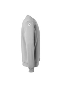 Lichtgrijze sweatshirt met lange mouwen, ronde hals, ribgebreide manchetten en zoom, met een ronde logopatch op de linker schouder.