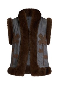 Gilet grigio con collo e orlo in pelliccia sintetica marrone. Presenta ricami floreali marroni testurizzati sul davanti, lati aperti e senza chiusure.