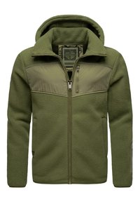 Grüner Fleece-Jacke mit Reißverschluss, Kapuze, strukturiertem Stoff und kontrastierendem glattem Oberteil. Verfügt über seitliche Taschen und Reißverschlussdetails.