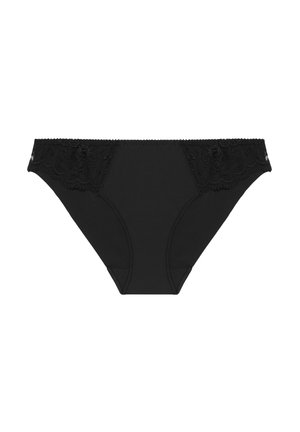 Zwarte onderbroek met een gladde lichaamsvorm, met een kanten tailleband met bloemmotieven en gegolfde randen. Zacht stof met elastische afwerking.