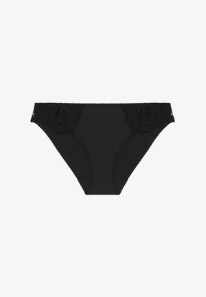 Zwarte onderbroek met een gladde lichaamsvorm, met een kanten tailleband met bloemmotieven en gegolfde randen. Zacht stof met elastische afwerking.
