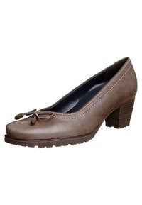 Brown leather pump with a rounded toe and bow accent, featuring a textured upper, contrasting stitch detail, and a block heel.
