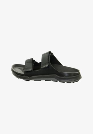 Black sandals feature two adjustable straps, a textured upper material, and a cushioned sole with a gripped bottom for traction.