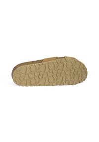 Sandale marron avec une semelle en caoutchouc texturé, dotée d'une semelle intérieure en liège et de deux sangles réglables sur le dessus. Les semelles présentent un design de grip multi-pattern.