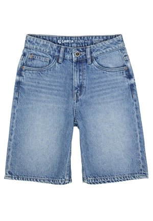 Shorts en denim bleu clair avec poches avant, passants pour ceinture, et fermeture par bouton, présentant une coupe droite et décontractée.