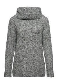 Pull en tricot gris avec un col cheminée, des manches longues et des poignets côtelés. La texture est épaisse, avec un motif chiné.