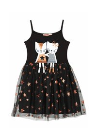 Schwarzes Kleid mit einem taillierten Oberteil, das zwei Cartoon-Tiere und einen Stern zeigt. Der Rock besteht aus geschichteter Tüll mit goldenen und silbernen Sternmustern.