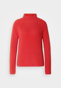 Roter, gerippter Pullover mit hohem Kragen und langen Ärmeln. Besitzt eine einheitliche Textur und eine lockere Passform ohne Muster oder Beschläge.