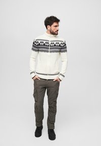 Kreminės spalvos zip-up megztinis su juodais geometriniais raštais ant pečių; tekstūruotas dryžuotas. Suderintas su alyvų spalvos kargo kelnėmis ir juodais batais.