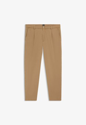 Beige broek met een gladde textuur, rechte snit, voorzakken en een knoopsluiting in de taille.