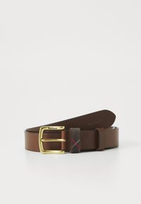 Brown leather belt with a gold-tone metal buckle. Features a fabric accent with checkered pattern near the buckle. Logo embossed on leather.