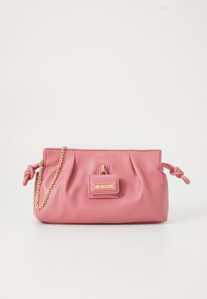 Pink leather handbag featuring a gathered design, gold chain strap, and a small front pocket with a branded plaque.
