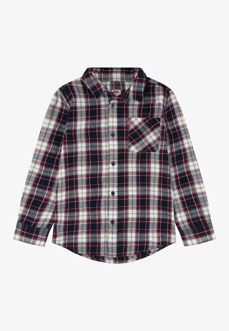 Chemise à carreaux à manches longues avec boutons, motifs noirs, blancs et rouges, dotée d'une poche poitrine gauche et d'un col classique.