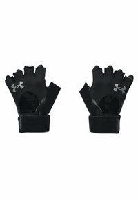 Black fingerless gloves made of synthetic material with a textured grip, featuring a hook-and-loop wrist strap and a logo accent.