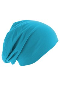 Turquoise beanie hat made of soft, stretchable fabric. Features a slouchy design with draped texture and no visible hardware or patterns.
