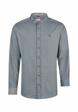 Langärmliges Hemd zum Knöpfen mit kleinem geometrischem Muster in Blau-Grau, mit Stehkragen und kleinem gesticktem Logo auf der Brust.