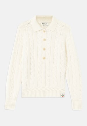 Cream cable-knit sweater with a collared neckline, four button placket, ribbed cuffs, and a small logo patch at the hem.
