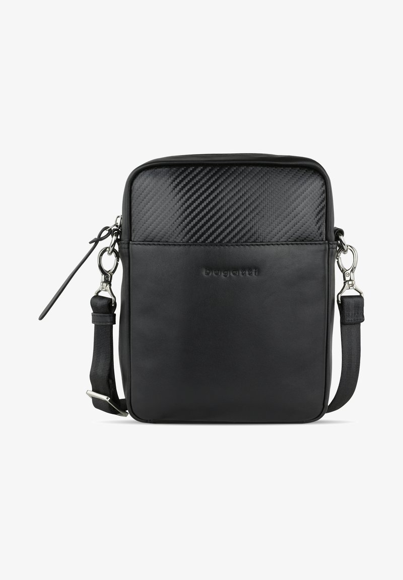 Borsa a tracolla nera con parte superiore in fibra di carbonio, realizzata in pelle liscia. Presenta una tracolla removibile e un branding discreto sul davanti.