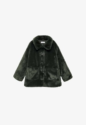 Dark green faux fur jacket with a collar, front buttons, and two front pockets. The fabric appears soft and plush with a relaxed fit.