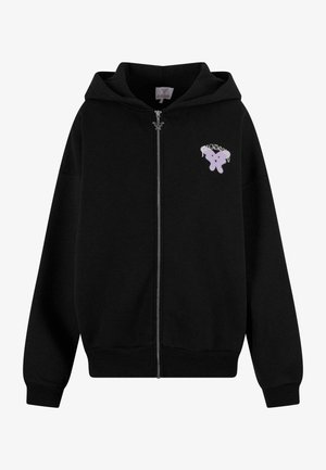 Black zip-up hoodie made of soft fabric, featuring a purple butterfly graphic on the left chest and ribbed cuffs and hem.