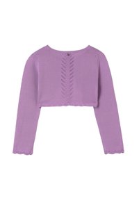 Maglione corto viola con maniche lunghe, scollatura tonda e un motivo lavorato a maglia dettagliato lungo la schiena e orlo smerlato.