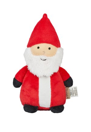 Plüsch-Santa-Figur mit rotem Hut, weißem Bart, rotem Mantel, schwarzen Fäustlingen und Füßen, die mit einfachen gestickten Gesichtszügen lächelt.