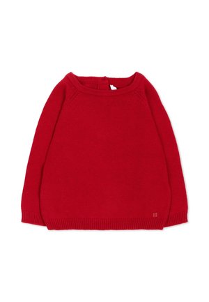 Maglione rosso a manica lunga lavorato a maglia con polsini e orlo a coste, collo rotondo e una piccola etichetta di tessuto vicino all'orlo inferiore.