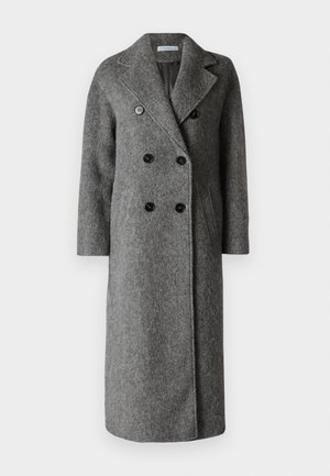 Grå dobbeltradet frakke lavet af uldblandet stof, med en krave med klapper, store runde knapper og sidelommer. Lang og skræddersyet pasform.