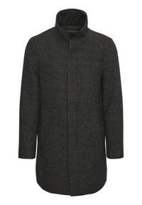 Czarny, fakturowany płaszcz z wysokim kołnierzem, pojedynczym zapięciem na guzik i prostym krojem. Tkanina ma delikatny wzór w jodełkę.