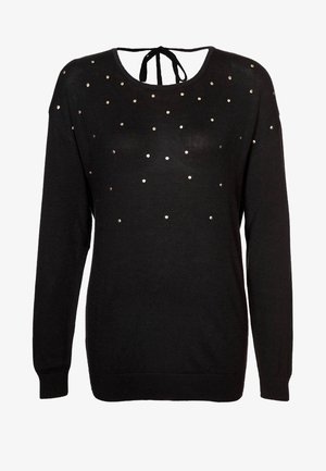 Schwarzer Pullover mit langen Ärmeln, einem Rundhalsausschnitt und einer gebundenen Schleife auf der Rückseite. Verziert mit verstreuten silberähnlichen Nieten auf der Vorderseite.