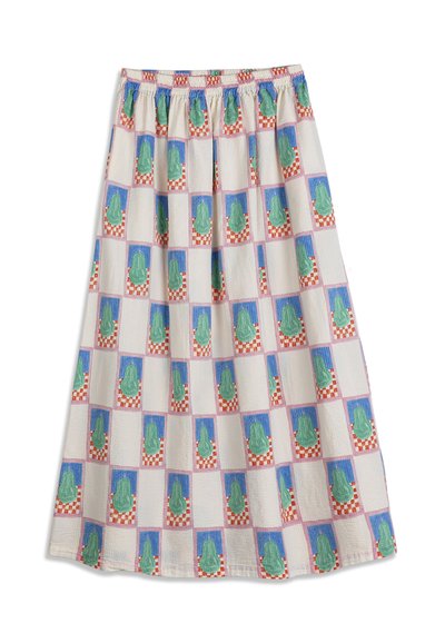 Jupe longue avec taille élastique, présentant un motif répétitif de poires vertes sur une grille carrée à carreaux bleus et rouges.