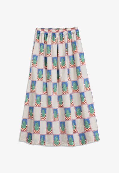 Jupe longue avec taille élastique, présentant un motif répétitif de poires vertes sur une grille carrée à carreaux bleus et rouges.