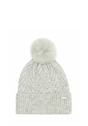 Dziana szara czapka z teksturowanym wzorem w zygzak, ściągacz u dołu oraz puszystym szarym pomponem na górze. Metka z detalem logo z boku.