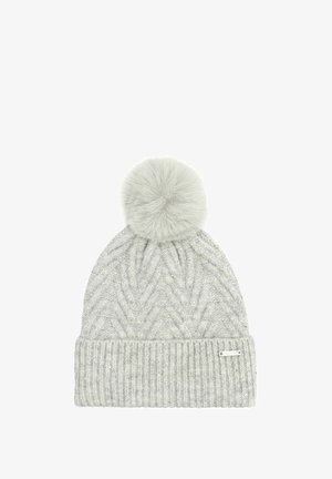 Dziana szara czapka z teksturowanym wzorem w zygzak, ściągacz u dołu oraz puszystym szarym pomponem na górze. Metka z detalem logo z boku.