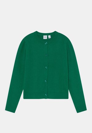 Cárdigan de punto de cable verde con mangas largas y botones frontales, cuello redondo y puños y dobladillo acanalados.