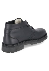 Schwarze Leder-Ankle-Boots mit Schnürdesign, gepolstertem Kragen, strukturiertem Gummisohle und sichtbaren Nähdetails.